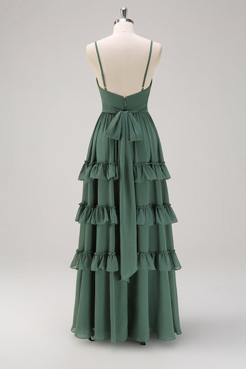 Vestido largo de dama de honor de gasa con tirantes de espagueti de eucalipto de línea A